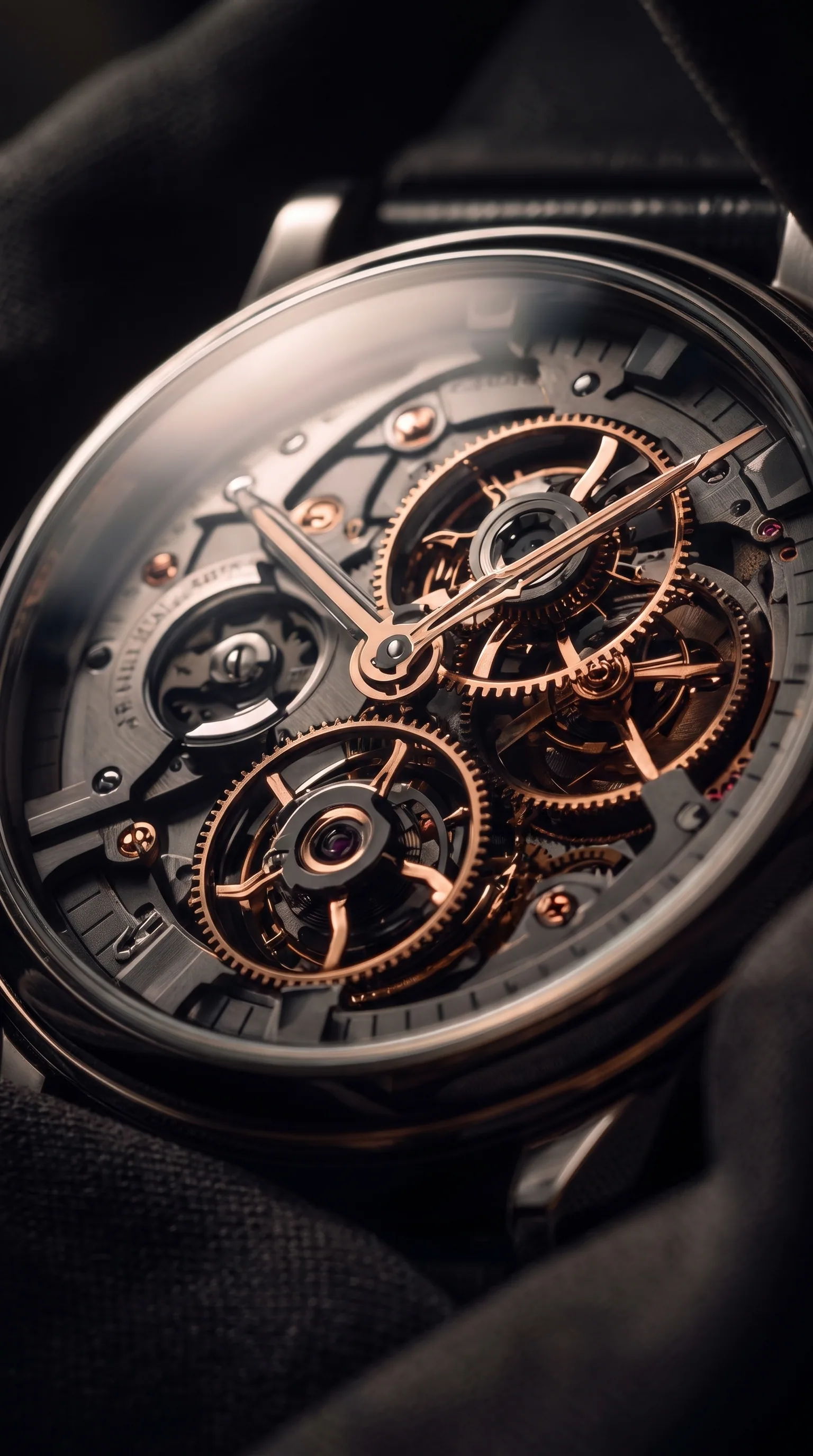 Reloj de esfera calada sobre tela negra, con el mecanismo y los engranajes en oro rosa a la vista.
