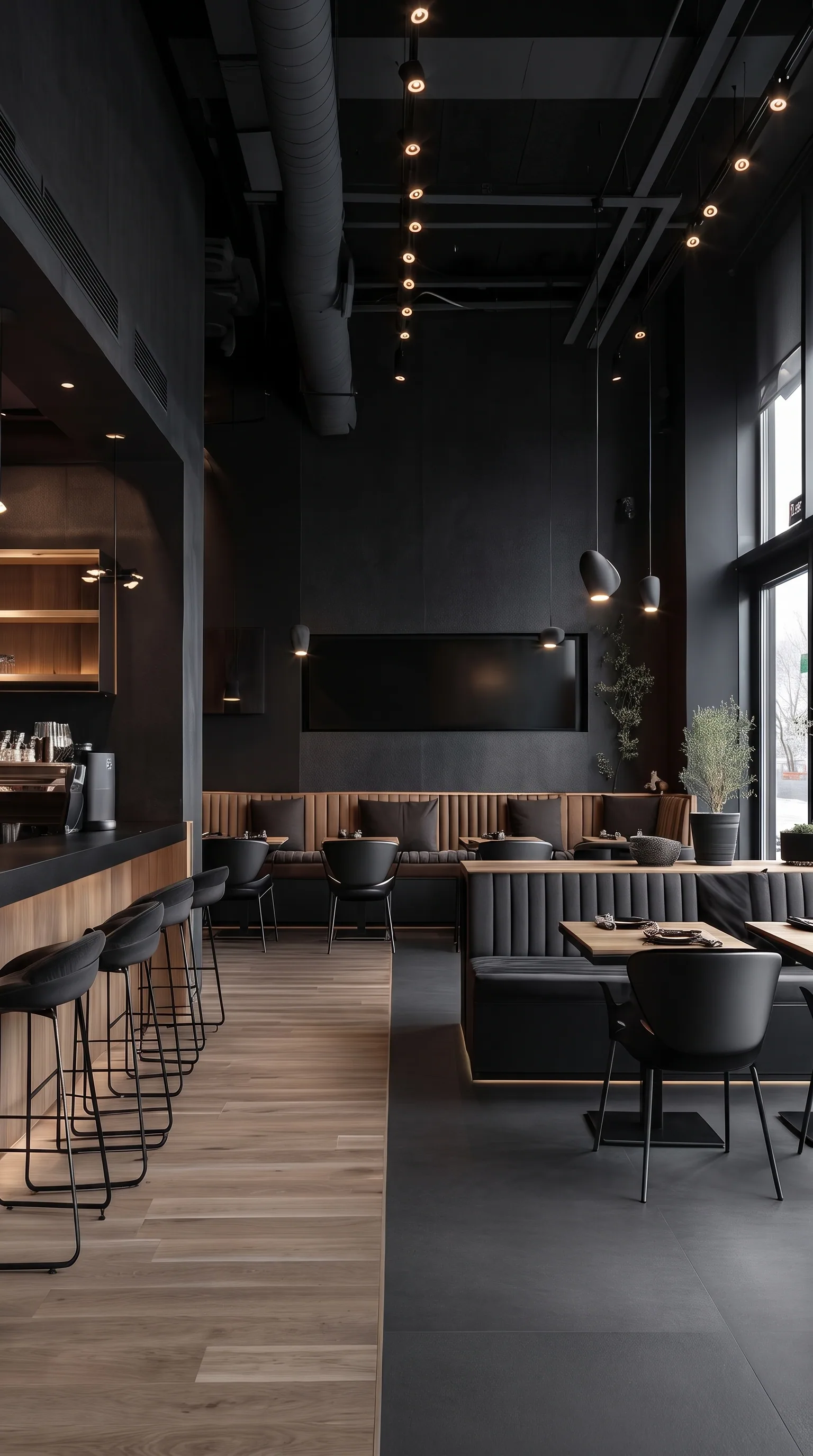 Sala de restaurante en tonos oscuros, con barra de madera iluminada, bancos tapizados y grandes ventanales.